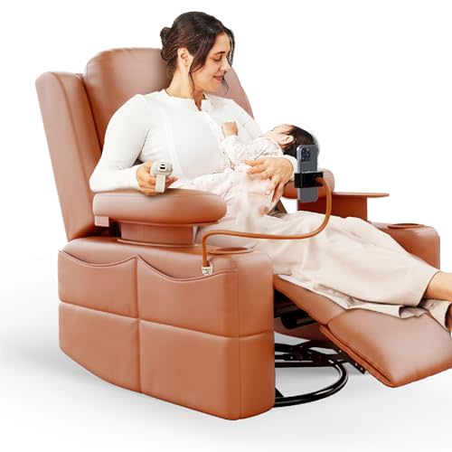 MAMAZING Oversized Rocking Chair Nursery with Adjustable Armrests, Electric Glider Recliner Nursing Chair for Breastfeeding, Power Swivel Recliner Chairs, Oeko-TEX & FSC Certified(Honey Brown)