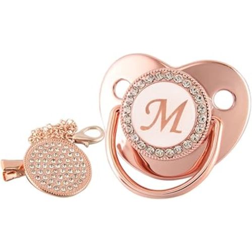 Baby Pacifier and Clips with Rhinestones Rose Gold Bling 26 Letters Initials Personalized Baby Infant Newborn Pacifier Teething Toy for Infant 6-12 Months (M)