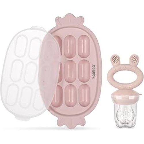 Haakaa Baby Fruit Food Feeder & Silicone Freezer Nibble Tray Combo - Breastmilk Popsicle Mold for Baby Cooling Relief, BPA Free Baby Mesh Food Feeder for Infant Self Feeding