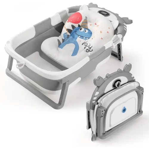 Baby Bathtub,Collapsible Baby Bath Tub with Thermometer & Soft Floating Cushion,Portable Travel Baby Bathtubs for Newborns to Toddlers 0-36 Months(Crab Gray)