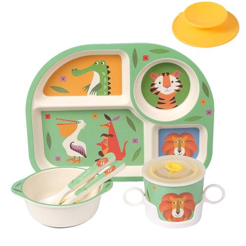 shopwithgreen 7Pcs/Set Bamboo Kids Dinnerware Set - Children Dishes - Food Plate Bowl Cup Spoon Fork Set Dishware, Cartoon Tableware, Dishwasher Safe Kids Healthy Mealtime, BPA Free