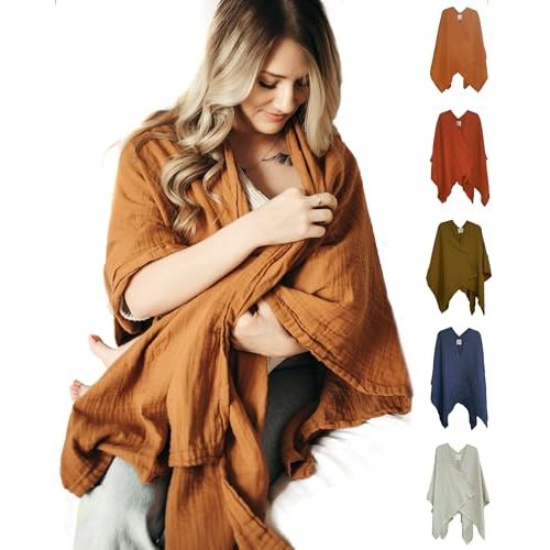 Indi by Kishu Baby GOTS Organic Muslin Nursing Cover Up for Breastfeeding, Breathable Shawl, Scarf, Privacy Nursing Cover for Breastfeeding Moms (Caramel)