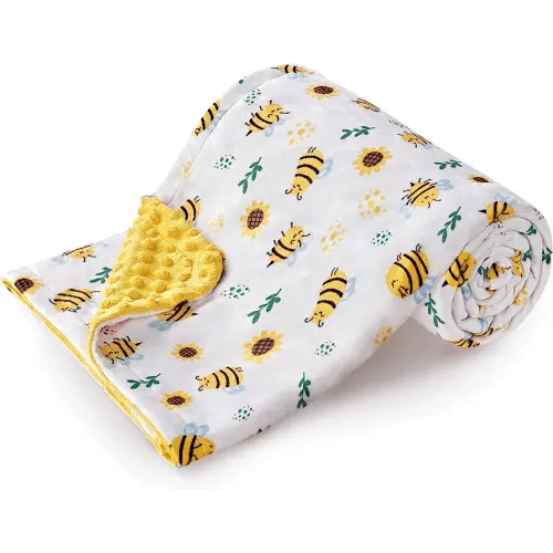 DaysU Silky Micro Soft Plush Baby Blankets Unisex with Print Animal Pattern and Soothing Raised Dots, Double Layer Bed Throws for Baby Crib, Bee, Yellow, 30x40 Inches