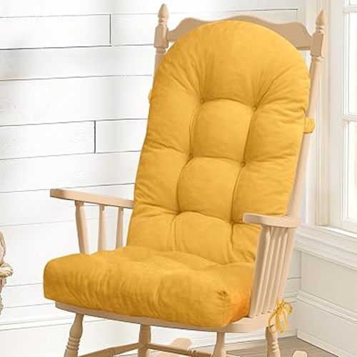 Rocking Chair Cushion - Chenille Fabric, High-Density Sponge, Durable Comfort Non-Slip Bottom Tufted Seat Pads with Ties, Chenille︱Yellow, 44x19x4 inch