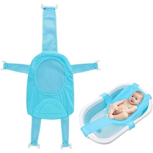 Baby Bath Seat Support Net Infant Bathing Support Mat Newborn Bath Tub Seat Cushion Pad with Five Safety Support Corner Adjustable Mesh Bathtub Sling Non Slip Shower Pad for 0-18 Months (Blue)