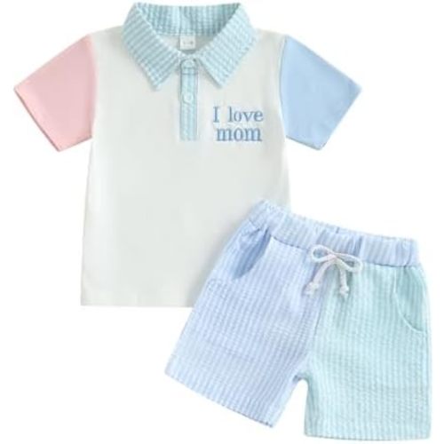 Karuedoo Toddler Baby Boy Mothers Day Outfit I Love Mom Color Block Button Short Sleeve Collared Shirt and Stripes Shorts Set
