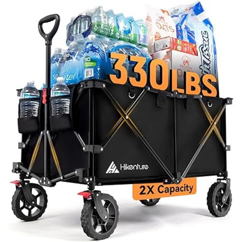 Hikenture Folding Wagon Cart, Portable Large Capacity Beach Wagon, Heavy Duty Utility Collapsible Wagon with All-Terrain Wheels, Outdoor Garden Cart Foldable Wagon for Sports, Shopping, Camping(Black)