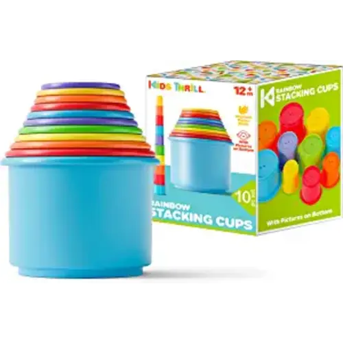 KIDSTHRILL Rainbow Colors Baby Stacking Cups for Toddlers, Tall Baby Stacking Toys Nesting Cups, Drain Holes for Bath Toys, Educational & Motor Skills Sorting & Nesting Toys for 1 2 3 Years Old