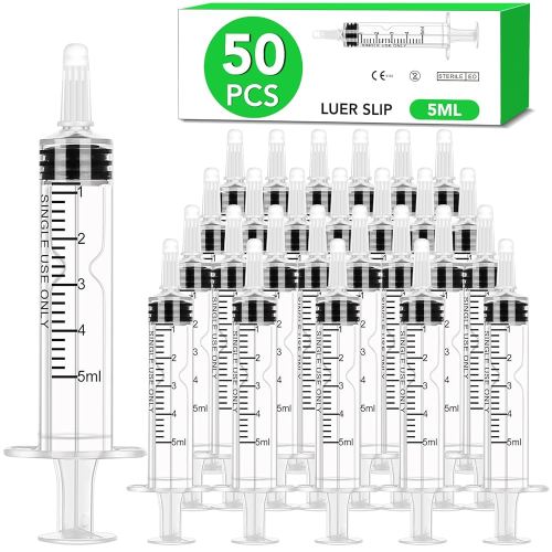 50 PCS 5ml Syringe with Cap for Liquid,Oral Syringe without Needle for Medicine Dropper, Colostrum Collect, Feeding Pets, Liquid Measuring, Individually Sealed, Luer Slip
