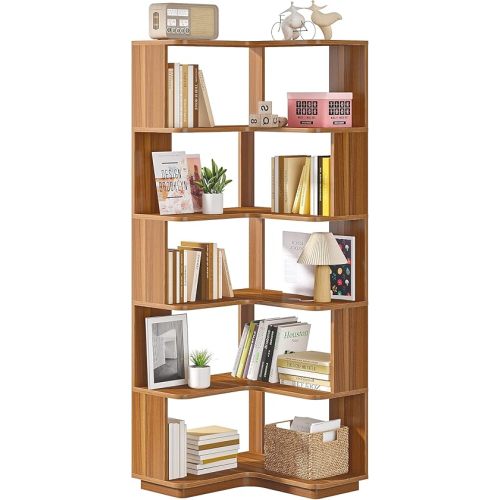LITTLE TREE 6-Shelf Corner Bookshelf, 65” Tall L Shaped Bookcase, 6-Tier Industrial Corner Shelf Storage Display Rack for Living Room Home Office, Wood Grain Walnut