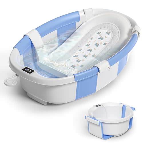 Collapsible Baby Bathtub for Newborn to Toddler 0-36 Months,Spacious Foldable Infant Bath Tub with Thermometer,Cushion & Drain Hole,Portable Travel Tub, Baby Shower Gift Blue
