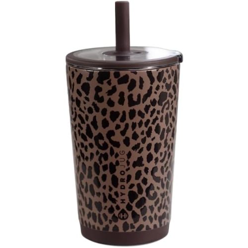 HydroJug Everyday Tumbler 14 oz, Ceramic-Lined Straw Cup, Brown Leopard