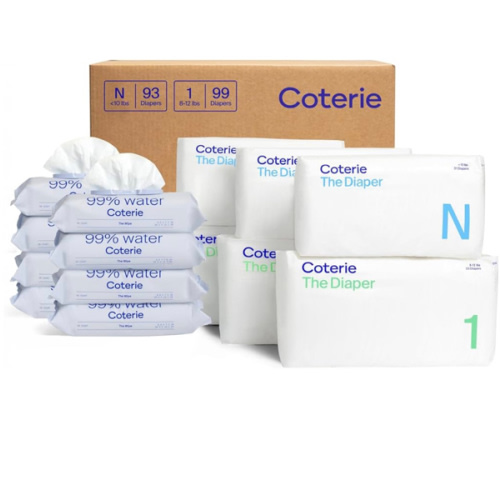 Coterie Baby Wipes + Diapers Kit, Size 1 (99 Count) & Size Newborn Diapers (93 Count), 8 Pack (448) Baby Wipes with 99% Water, Plant Based Materials, Hypoallergenic for Sensitive Skin