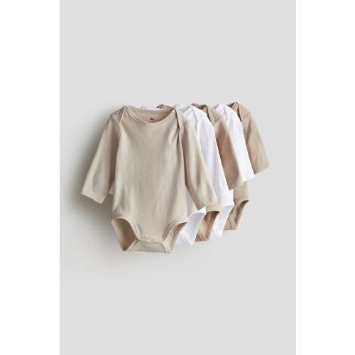 5-pack Bodysuits, Envelope Neck, Long sleeve, White/beige