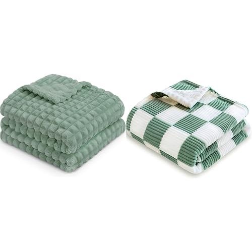 HOMRITAR 2 Pack 3D Flannel Fleece Baby Blanket for Unisex + Corduroy Toddler Blanket with Double Layer 3D Square Grid Backing Sage Green 30 x 40 Inch