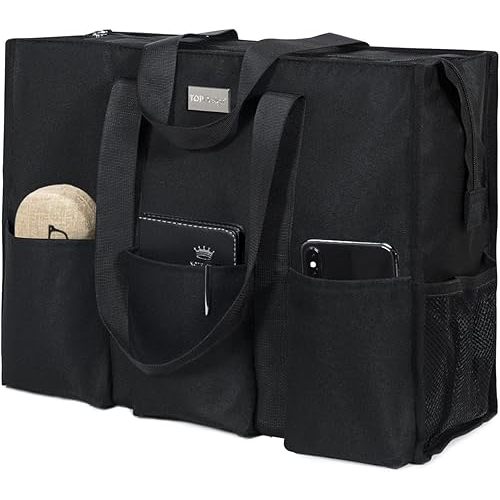 TOPDesign Utility Water Resistant Tote Bag with 13 Pockets, Top Zipper Closure & Thick Bottom Support, for Working Women