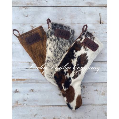 USA Made, Double Sided, 100% Genuine Cowhide Christmas Stocking, Holiday Stockings, Cowhide Stocking, Leather Stocking, Handmade