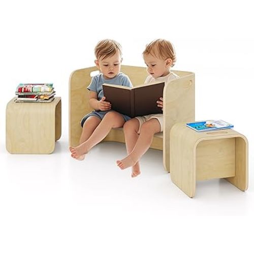 Costzon Kids Table and Chair Set, 4 in 1 Wood Activity Table, Bench, Storage Shelves, Desk for Children Reading, Arts, Crafts, Snack Time, Playroom, Fully Assembled, Toddler Table & Chair Set, Natural