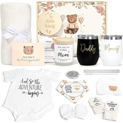 New Mom Gifts for Women, Luxury Pregnancy Gifts for New Parents Gender Reveal Gifts Baby Gift Sets with Mom and Dad Tumbler Baby Essentials for First Time Moms, Expecting Parents to Be, Baby Shower…
