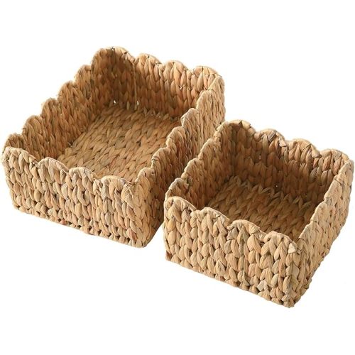 Scalloped Edge Basket, Wicker Storage Baskets, Hand Woven Baskets for Shelves,Natural Baskets for Organizing (Water Hyacinth(S+M))