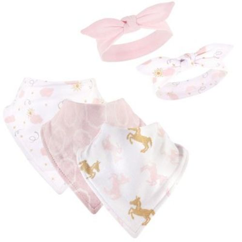 Yoga Sprout Baby Girl Cotton Bandana Bibs and Headbands 5pk, Unicorn, One Size