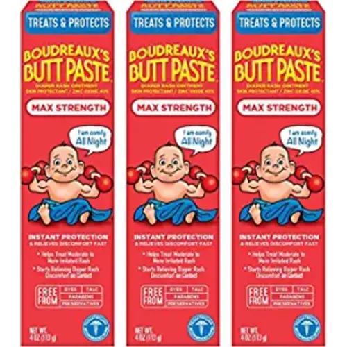 Boudreaux's Butt Paste Maximum Strength Diaper Rash Cream, Ointment for Baby, 4 oz Tube, 3 Pack