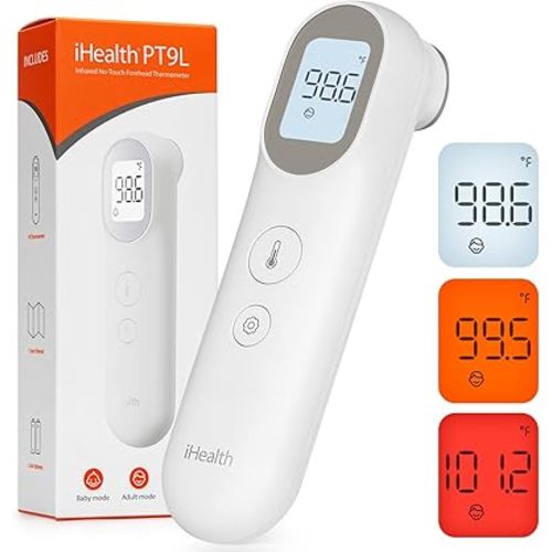 iHealth PT9L Digital Thermometer for Adults and Kids, 3-in-1 Infrared Baby Thermometer with 3-Color Prompt, Fever Alarm and Silent Mode, Forehead and Object Thermometer, 40 Memory Storages, White