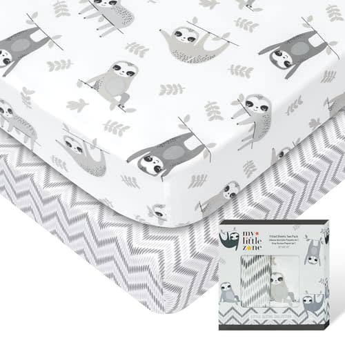 Sloth Boys Crib Sheets - 2 Pack Neutral Fitted Sheets for Standard Crib & Toddler Mattress, Grey Sloth + Chevron Pattern