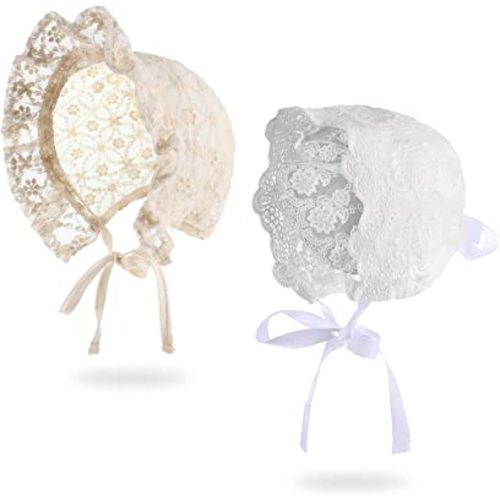 Unittype 2 Pieces Baby Girl Lacy Bonnet Eyelet Lace Christening Bonnet Cap Toddlers Beanie Breathable Sun Protection Hat White,40- 44cm 16.5-17.3 inches in head circumference