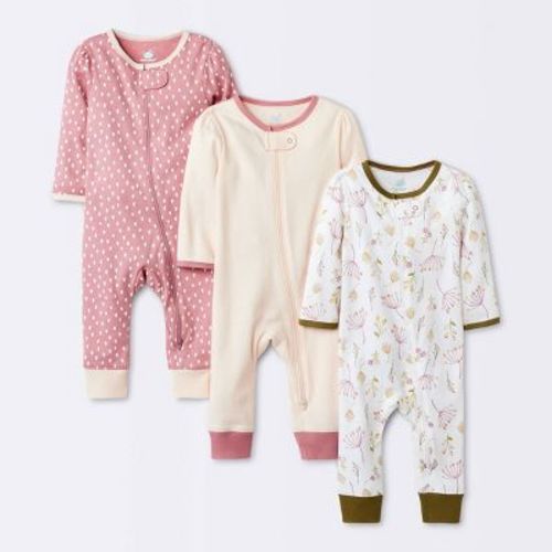 Baby Girls' 3pk Prairie Floral Zip-up Romper - Cloud Island™ Pink