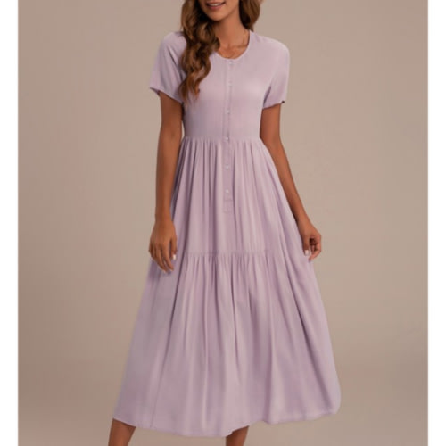 Short Sleeve Round Neck Buttons Tiered Maxi Dress With Pockets - Petallush