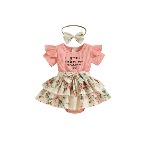 IZhansean Lovely Baby Girls Romper Dress Headband 2pcs Letter Flowers Patchwork Ruffles Sleeve Jumpsuits Clothing Pink 0-6 Months