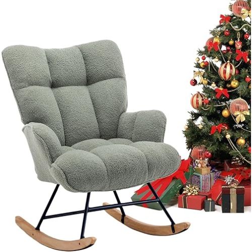 Rocking Chair Nursery Teddy Upholstered Glider Rocker Rocking Accent Chair Padded Seat with High Backt Comfy Armchair Side Chair for Living Room Bedroom (Sagegreen Teddy)