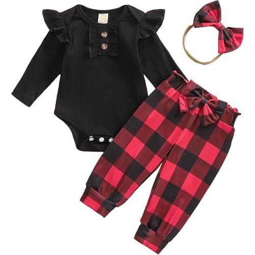 Baby Girls Clothes Ribbed Romper Bodysuit Pants Headband Set Fall Winter Outfits