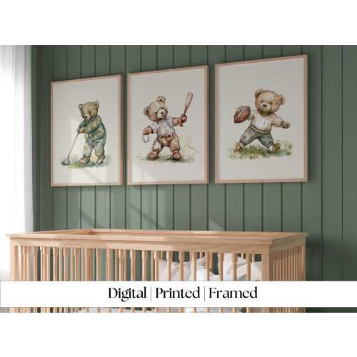 Sport nursery set of 3, Boy nursery wall art sport, Vintage boy nursery, Teddy Bear Nursery, Green,golf,baseball,football,soccer,basketball