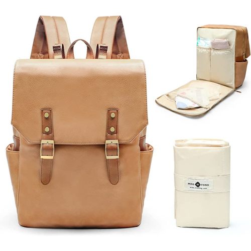 Leather Diaper Bag Backpack Diaper Bag Purse by miss fong,Baby Diaper Bag for mom dad with 12 Diaper Bag Organizers,Changing Station and 4 Insulated Pockets,Faux Leather Diaper Bag Backpack(Brown)