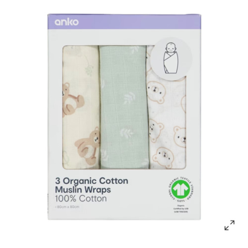 3 Pack Organic Cotton Muslin Wraps - Bears