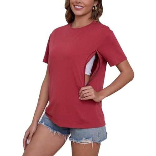 Ecavus Women's Short Sleeve Nursing Shirts for Breastfeeding Hidden Zippers Maternity Nursing Tops