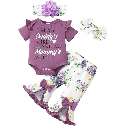 SUNNY PIGGY Newborn Baby Girl Clothes Infant Outfits Romper Floral Fall Outfit Bell Bottoms Pant Sets Hat Headband Flowerpant