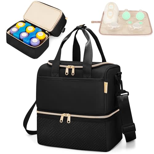 Fasrom Wearable Breast Pump Bag with Cooler Compartment Compatible with Momcozy, Medela and Willow Pumps, Portable Pumping Carrying Case with Waterproof Mat, Black (Empty Bag Only)