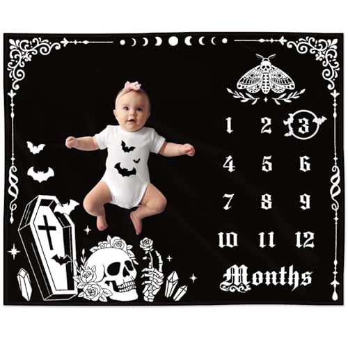 Gicoherero Gothic Baby Monthly Milestone Blanket, Goth Girl Boy Baby Shower Growth Chart Photo Prop Stuff Background for Newborn Mom Moth Nursery Bat Halloween Decorations 40" X 50"
