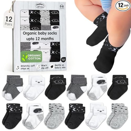 Mother's Choice Baby Socks 0-6 Months 12 Pairs Organic Cotton Blend Newborn Socks for Girls & Boys Stay-On Stretch Infant Socks OEKO-TEX Certified Baby Gift