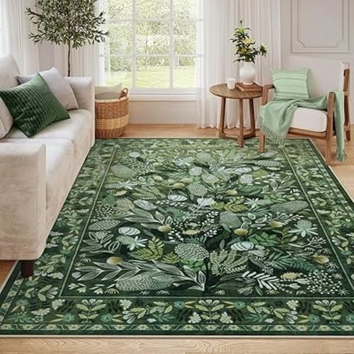 Anidaroel Green Large Area Rugs 8x10, Botanical Floral Washable Rug for Living Room, Soft Rug for Bedroom Non-Slip Ultra-Thin Modern Rug Dining Room Mat Throw Carpet for Dorm Apartment