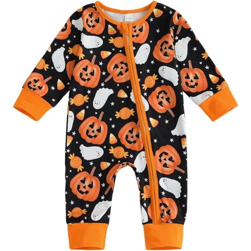 Lamuusaa Newborn Baby Girl Boy Halloween Outfit Long Sleeve Pumpkin/Ghost Romper Zipper Bodysuit Jumpsuit Fall Clothes