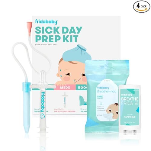 Frida Baby Sick Day Prep Kit, 4pc Set, Essentials Includes NoseFrida Nasal Aspirator, MediFrida Pacifier Medicine Dispenser, Breathefrida Vapor Chest Rub + Snot Wipes, Soothe Stuffy Noses for Babies