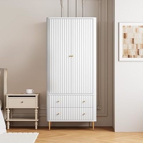 HLR Armoire Wardrobe Closet with Drawers, 72" Tall Modern Bedroom Armoire with Hanging Rod, Large freestanding Wooden Wardrobe Cabinet for Bedroom, Cloak Room (White)