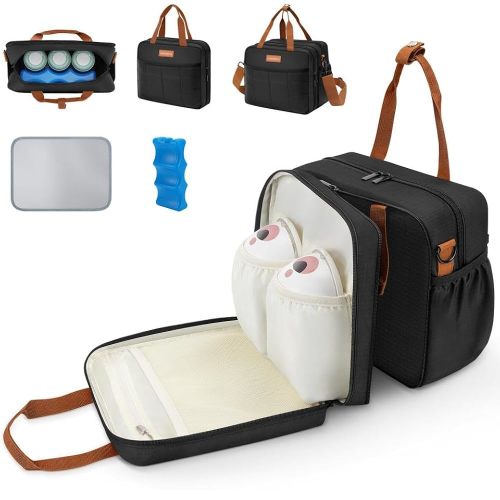 Detachable Breast Milk Cooler Travel Bag with Ice Pack, Double Layer Breast Pump Bag Compatible for Wearable Breast Pump, Portable Breastmilk Cooler Bag & Carrying Case with Waterproof Mat