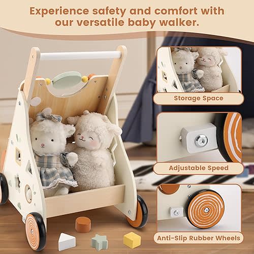 Wooden Baby Walker, Baby Push Walker with Activity Center for Girls Boys, Push Walker Toys for Babies Learning to Walk, Sit-to-Stand, for 10-12 Months 1 2 3 Years Old