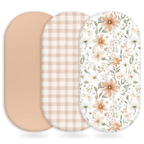 Baby Bassinet Sheets Girl Boy, Fitted Bassinet Sheet Set 3 Pack Bassinet Mattress Sheets Universal Fit for Rectangle, Round, Oval, Hourglass Mattress, Soft Breathable Orange Flowers & Plaid