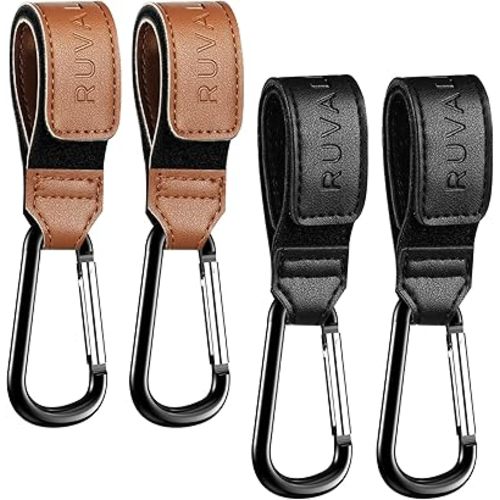RUVALINO® Leather Stroller Hooks for Diaper Bag and Stroller Organizer - Stroller Strap with Large Carabiner Clip for Bags - Accessories for Wheelchair, Shopping and Pet Cart, Black and Brown, 4 Pack